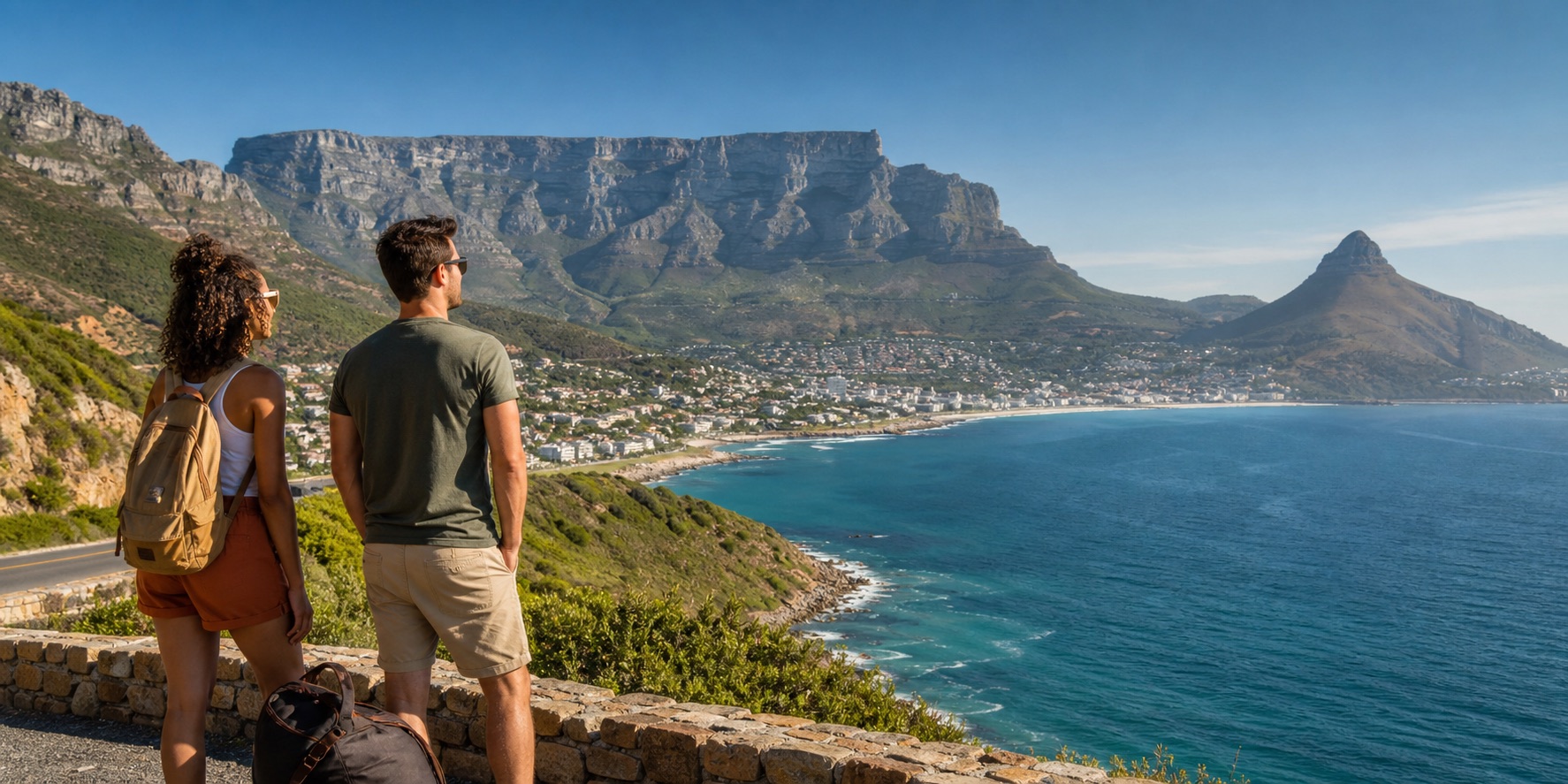Travelers looking over the Cape Town coastline with Table Mountain in the distance
