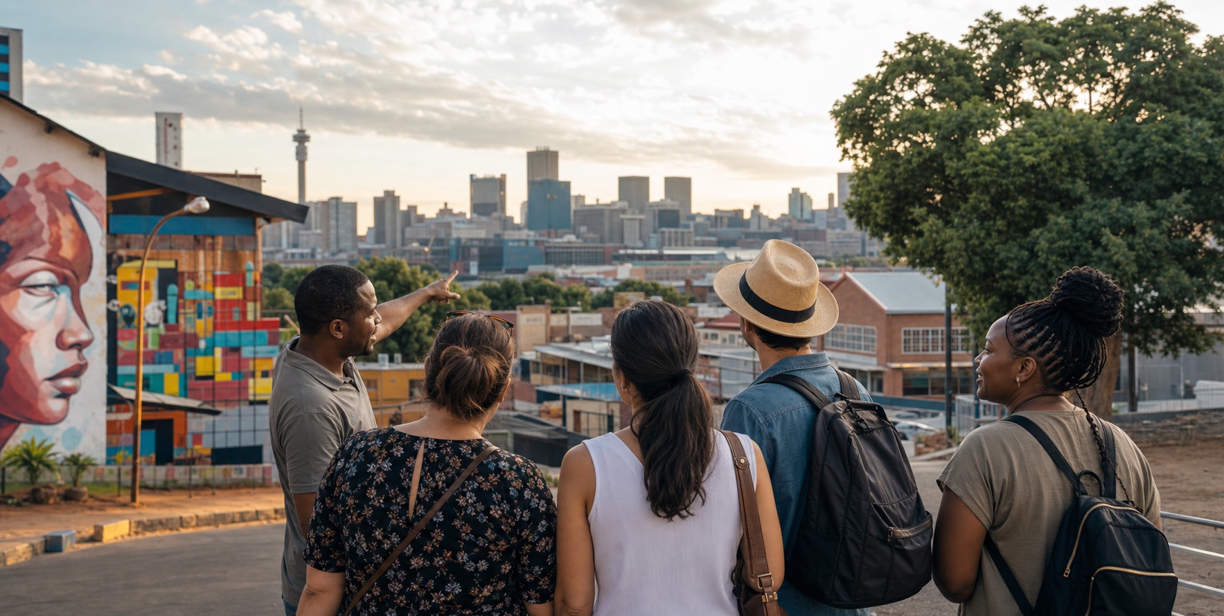 JMT Tours guide leading travelers through Johannesburg with the city skyline in view