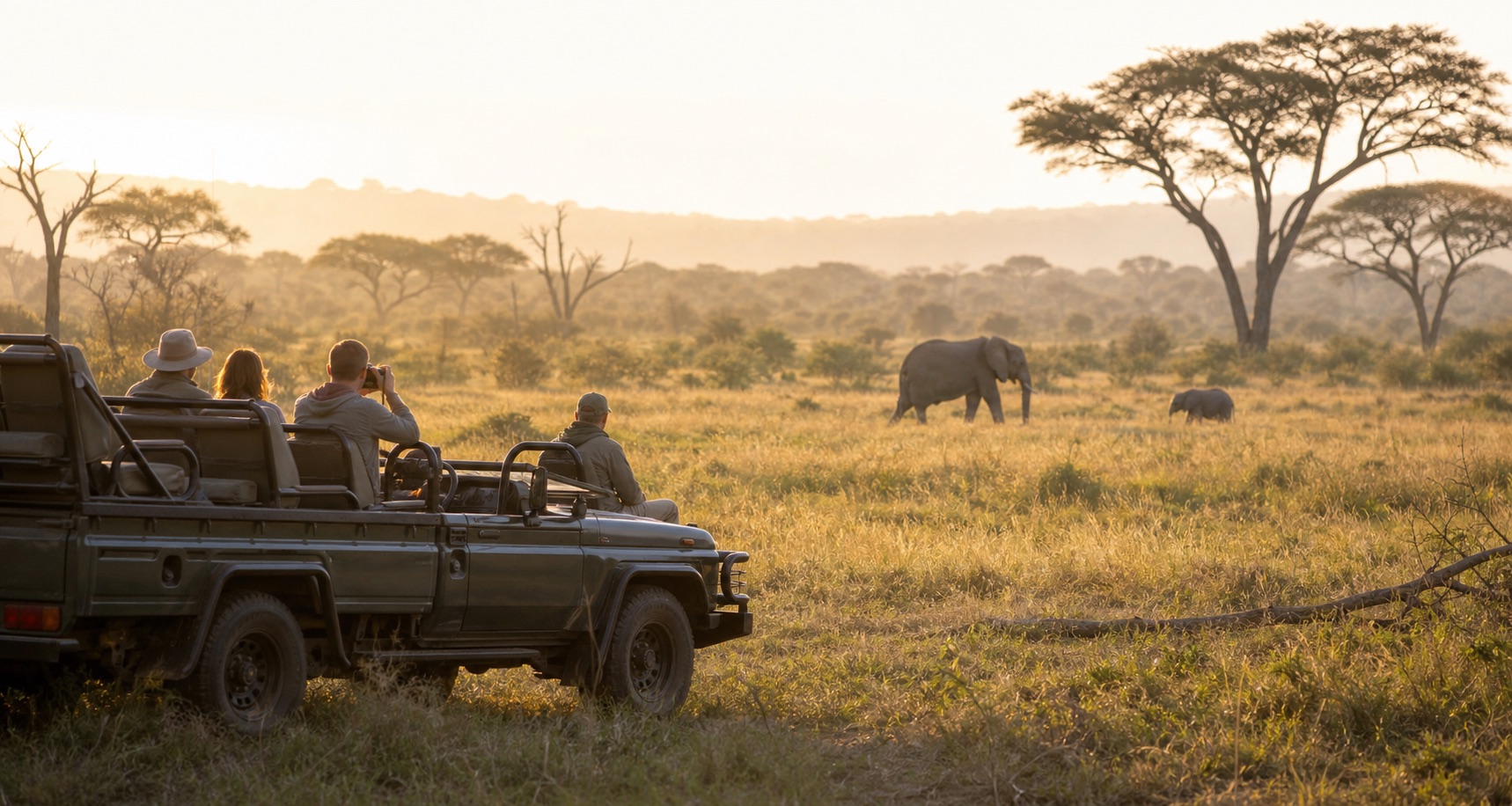 Travelers on a South African safari watching elephants across a golden savanna